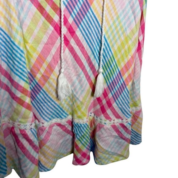 Crown & Ivy Tank Top Women's Medium Plaid V-Neck Tassel Colorful Shirt - Picture 4 of 9